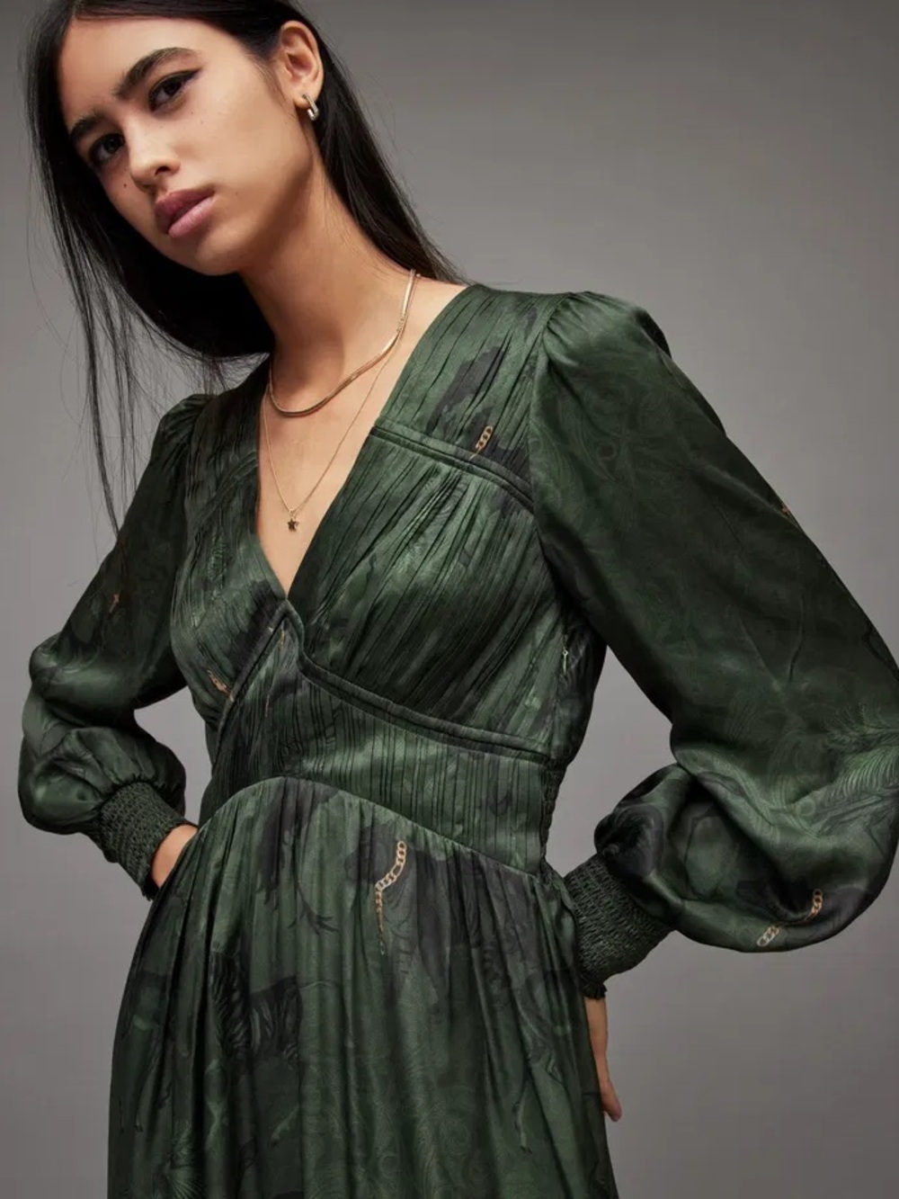 All Saints Estelle Heidi Silk Blend Long Sleeve Midi Dress with Animal Print - Picture 2 of 7